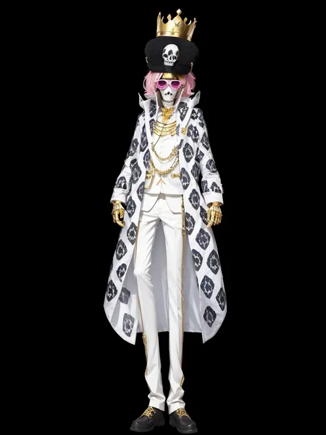 A skeleton, with golden crown on head, with white clothes set, with pink glasses