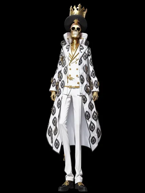 A skeleton, with golden crown on head, with white clothes set, with pink glasses