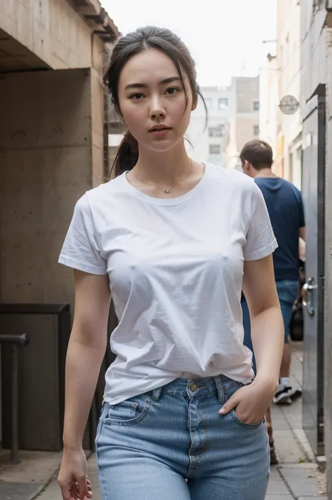 Jessica Henwick, white t-shirt, blue short jeans.