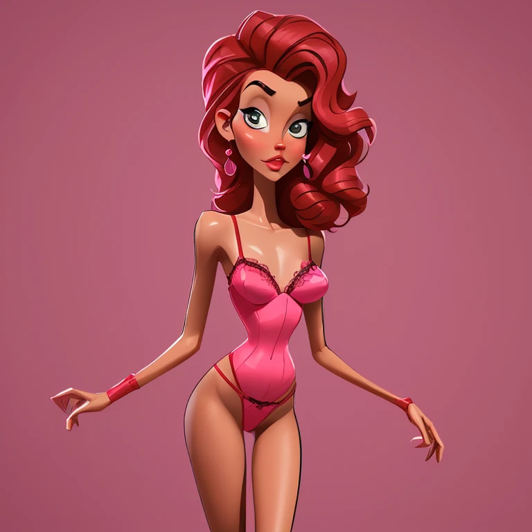 A sexy cartoon woman in pink lingerie posing gracefully for a photo, sexy lingerie beauty, wavy red hair, lingerie, inverted triangle body type, Waist slender, cebelos black sexy girl, mulher de corpo inteiro, wearing sexy lingerie, beautiful seductive wom...