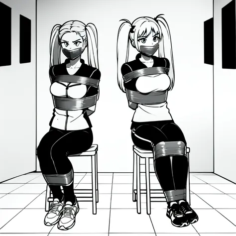 ((2 girls)), ((twin tails)), bound, (arms behind back:1.4), ((simple_background)), ((concrete floor, concrete wall)), ((dark empty room)), tied hands, tied ankles,  ((arms behind back)), ((((arms behind back)))), ((scowl)), ((sitting on the chair)), ((mout...