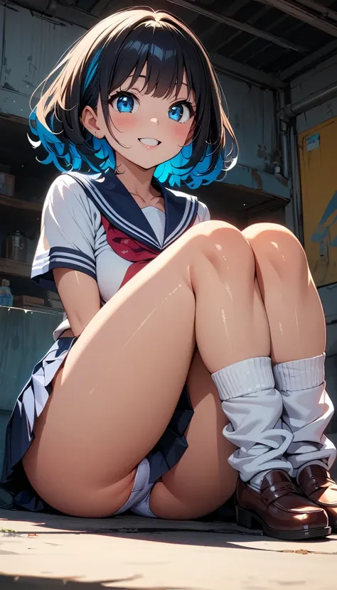 (Highest quality:1.2, 4K, 8k, Studio Anime, Very detailed, up to date, Vibrant, High detail, High Contrast, masterpiece:1.2, Highest quality, Best aesthetics), (((1 Girl))), Sit and pose, ＪＫ, Sailor suit, Pleated skirt, loose socks, loafers, Open your mout...