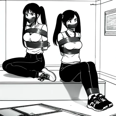 ((2 girls)), ((twin tails)), bound, (arms behind back:1.4), ((simple_background)), ((concrete floor, concrete wall)), ((dark emp...