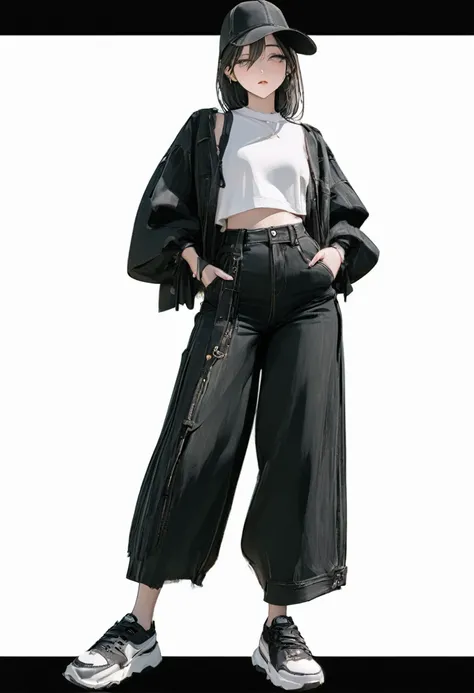 (masterpiece, best quality: 1.2, 8k), center, full body, 20s, one adult girl, black fashion, casual wide pants, simple sneakers,...