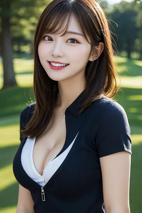 Golf course, Highest quality, shape, Very detailed, In detail, High resolution, 8k wallpaper, Perfect dynamic composition, Beautiful details,  Natural Lip, Golf Wear, Big Breasts, Cleavage, She is smiling in a cute pose.., A masterpiece of the whole body, ...