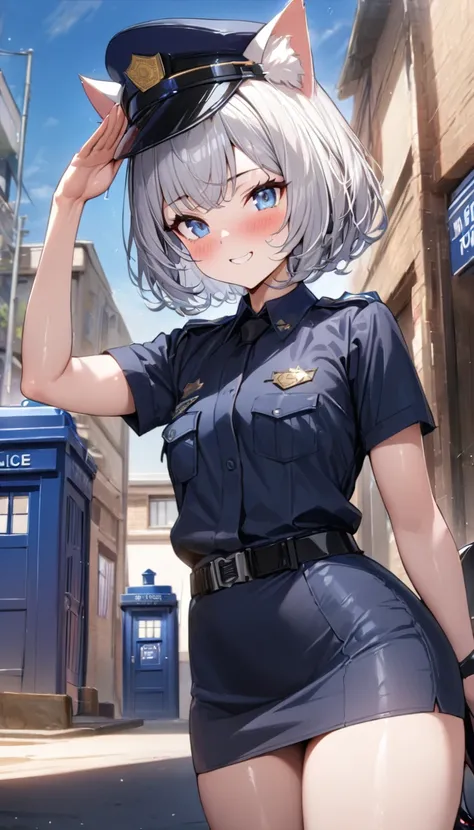 1girl、(((best quality)), ((masterpiece)), (details), masterpiece, best quality, high quality, ulutra detailed, perfect face, ((1girl, Blue eyes, cat ears: 1.3 silver bob hair: 2.5,)) 、Shiny Hair、Glowing Skin、blush、Lustful look、whole body、Police Officer Cos...