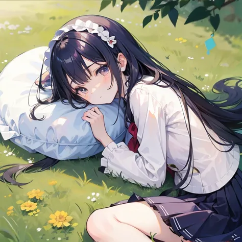 Long navy hair，Lolita Skirt，Fufu has a very cute face，Its a cute girl，Lying on the grass