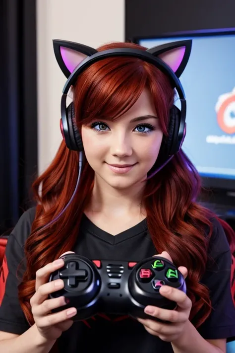 Anime dwarvin woman with red wavy hair and purple eyes holding a gaming controller and wearing a kitty gaming headset