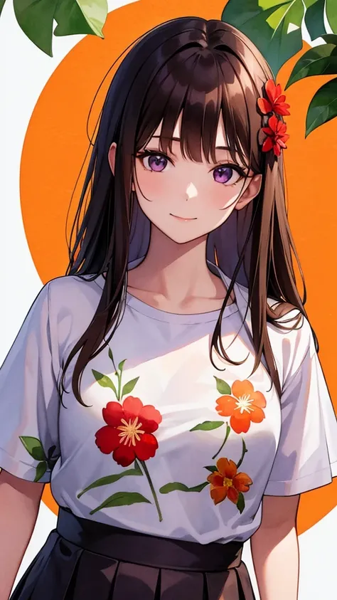 watercolor, 1girl, solo, flower, long hair, smile, shirt, looking at viewer, short sleeves, red flower, floral print, black hair, purple flower, yellow flower, white shirt, orange flower, bangs, upper body, plant, blue flower, leaf, closed mouth, tradition...