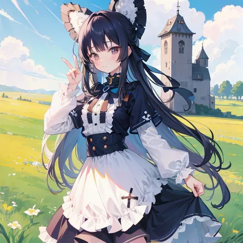 Long navy hair，Lolita Skirt，Fufu has a very cute face，Its a cute girl，Peace on the grassland