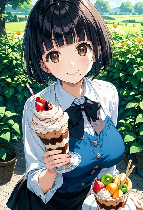 score_9,score_8_up,score_7_up,masterpiece,best quality, source anime, official art, super detailed, extreme detailed, rating_safe,
1girl, eating fruit parfait,
BREAK girl, 22yo, short hair, bob cut, (blunt bangs), black hair, (tareme, detailed cute brown e...