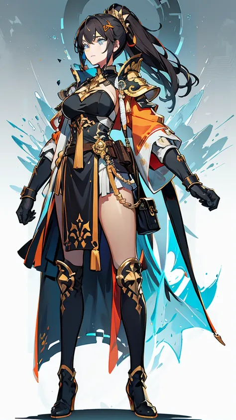 (((concept Art))), (((One character))), Female, (((Dark Skin)))), Black Hair with Ponytail, Light Blue Eyes, Round Glasses with a Slightly Dark Lens with this Lens being Orange, and the Light Blue Color frame, ((Black Metallic Gauntlets and Greaves with Or...