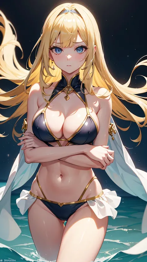 Blonde hair, hime cut, flat bangs, blue eyes, hair band, rich, large breasts, annoyed, arms crossed, cleavage, glitter, yellow bikini, string bikini, long hair, princess hair, jewelry, bangle, arm band, sunlight, beach, cowboy shot, sand, ultra-detailed, a...