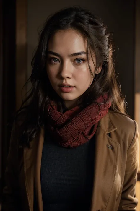 Jessica Henwick, brown coat, red scarf, black t-shirt, blue jeans, beautiful detailed eyes, beautiful detailed lips, extremely detailed eyes and face, long eyelashes, photorealistic, portrait, realistic, 8k, hyperrealistic, chiaroscuro lighting, cinematic,...