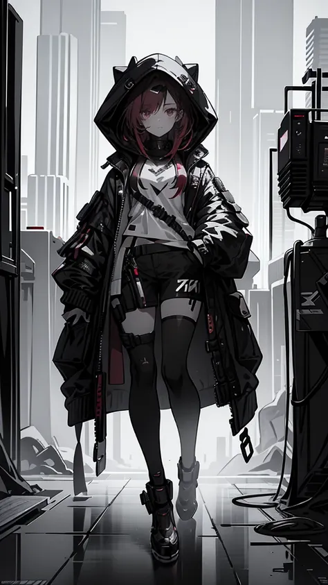 a girl with red hair, cyberpunk, hand in pocket, hoodie, black pointed high heels, detailed face, detailed eyes, detailed lips, ...