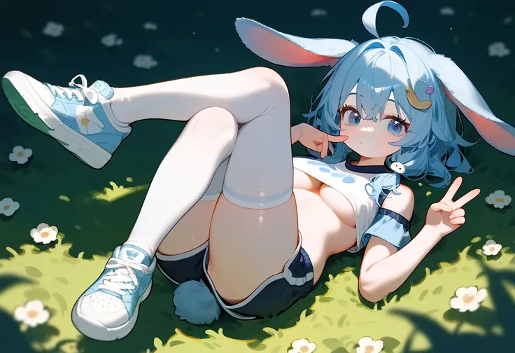 a close up of a lop ears rabbit lying down with shoes on feet, 1girl, animal ears, solo, thighhighs, breasts, tail, sneakers, sh...