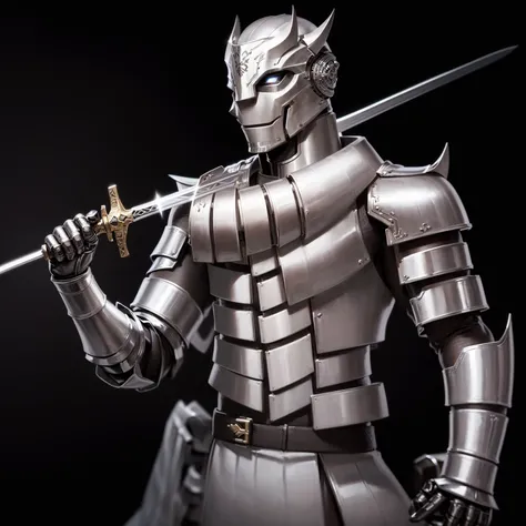 a close-up of a person holding a sword and a sword, blade armor, japanese cybernetic samurai armor, dynasty warrior hybrid, cyborg samurai, warrior platinum armor, covered in full silver armor, sharp silver armor, with sleek silver armor, the golden cat kn...