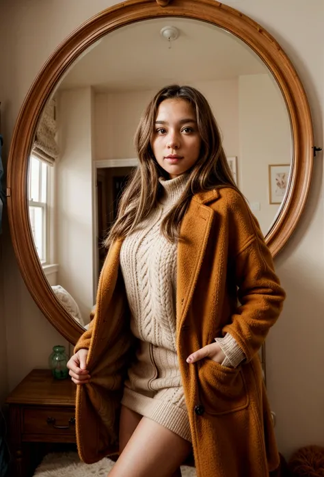 Beautiful girl in a caramel-colored wool coat taking a photo in the large round wooden mirror in her room.