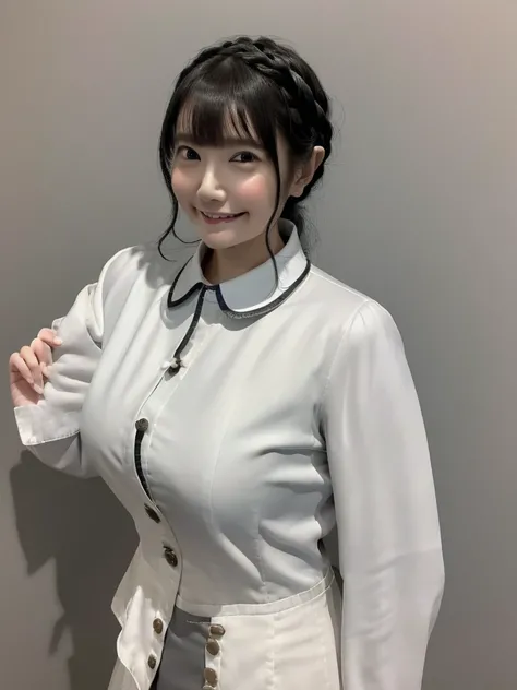 Highest quality、masterpiece、8k、Very detailed、Realistic、(One girl)、(Looking at me with a smile:1.5)、whole body、(Black Hair)、Small face、(Slender:1.2)、(Big Breasts:1.2)、(White business shirt with buttons and a collar:1.2)、(short tight skirt in gray,:1.2)、(Gre...