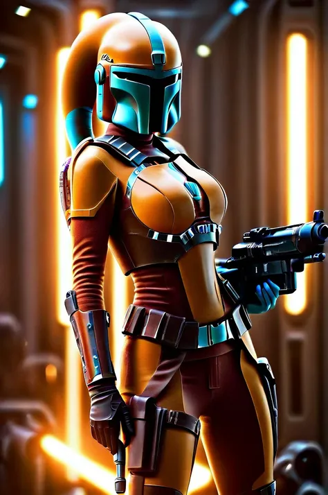 a ((female twi'lek ))mandalorian, detailed futuristic armor, intricate helmet, jetpack, blaster rifle, epic pose, dramatic light...