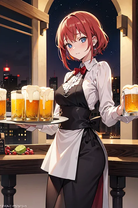 Woman bartender in Bart medieval anime, small breasts, beautiful, shy, holds in her hands a tray with big beers, at night