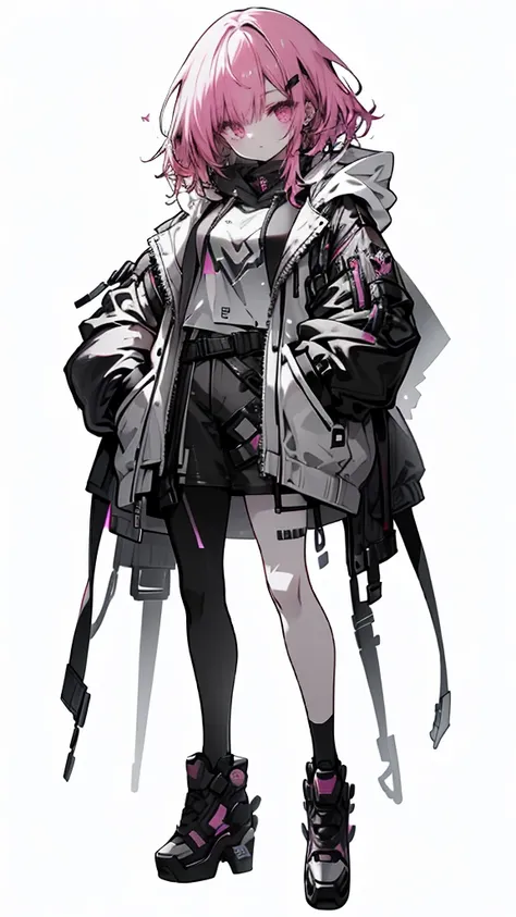 1 girl with red hair, pink eyes, cyberpunk style, hand in pocket, hoodie, pink starry background, black high heels