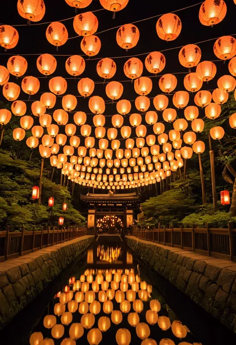 Ghibli　night　shrine　Summer festival　Lots of lanterns