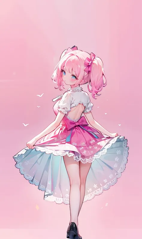 (masterpiece:1.2), best quality, highres, original, (extremely detailed:1.2), ultra-detailed, wallpaper, perfect lighting,(extremely detailed CG:1.2), 8k, 1girl, solo, kawaii, (twintails, pink hair:1.1), (Lolita Fashion, pink dress, short-sleeves, bowknot ...