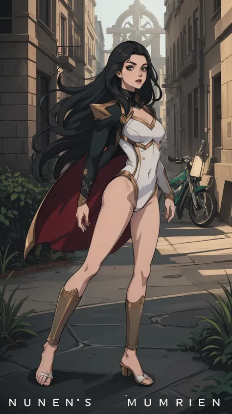 ((full body photo, standing, feet on the ground)) (Adriana Lima :1.1) Red lips, green eyes, ((full body photo, standing, feet on the ground)) Wonder Woman stands imposingly in a city from Themyscira. The scenery is lush. The camera details everything, a wa...