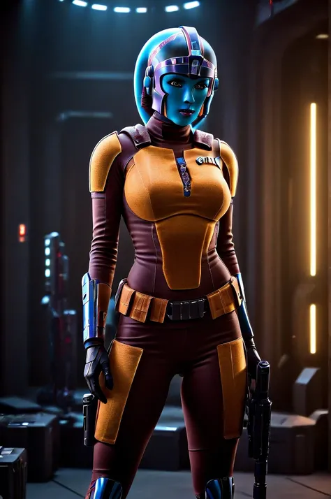 A ((female Twilek ))Mandalorian, detailed futuristic armor, intricate helmet, jetpack, blaster rifle, epic pose, dramatic lighting, gritty sci-fi atmosphere, cinematic, dramatic colors, highly detailed, 8k, photorealistic, masterpiece female Twilek
