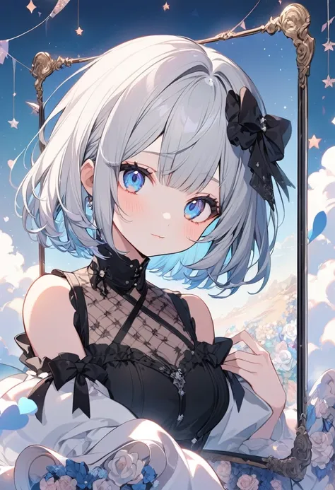 The person in the image appears to be a VTuber, an online content creator using a virtual avatar. Here are the features, including the clothing:

Hair: The VTuber has short, silver hair with bangs. The hair is styled in a short bob cut with black bows on e...