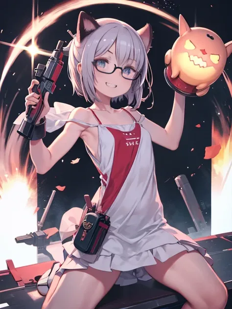 Tabletop, Highest quality, One Girl, Sharp eyes, smile,Rocket Launcher、big round glasses,camisole、Jagged teeth