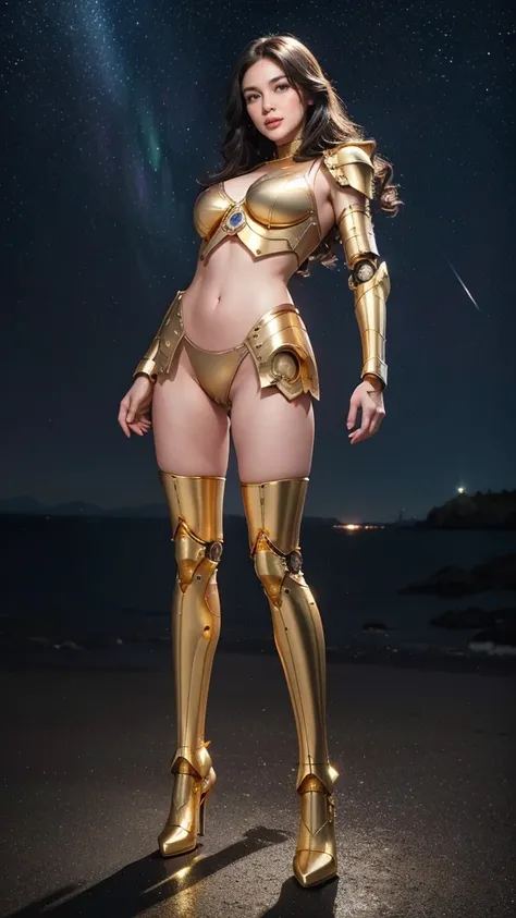 Best quality, Masterpiece, (((1girl))), extremely beautiful, makeups, (robotic arms:1.3), (robotic legs:1.3), ((gold legs armor:1.4)), shinny armor, wavy hair, hair blown by strong winds, tight latex panties, tight latex bra, (((full body))), posing in the...