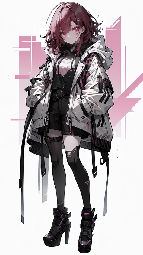 1 girl with red hair, pink eyes, cyberpunk style, hand in pocket, hoodie, pink starry background, black high heels