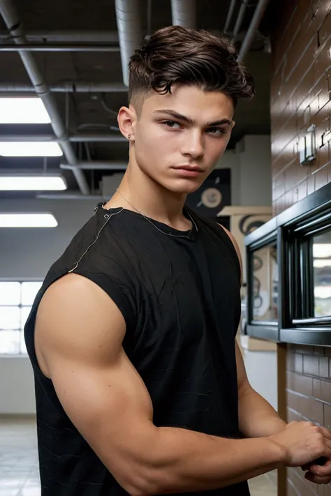 Teenage model, masculine, Caucasian, curly black hair, jelly roll undercut forward haircut, male jaw, perfil