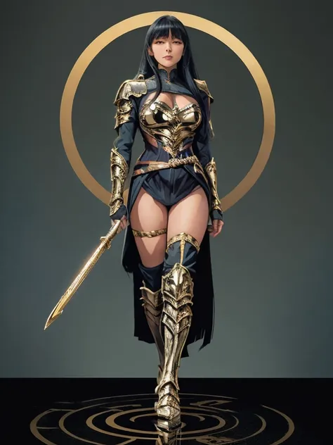 ((Full body photo,standing, feet on the ground)) Yara_flor DC, A black-haired warrior girl with yellow eyes wearing black and gold Yara Flor armor