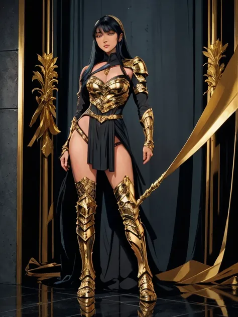 ((Full body photo,standing, feet on the ground)) Yara_flor DC, A black-haired warrior girl with yellow eyes wearing black and gold Yara Flor armor