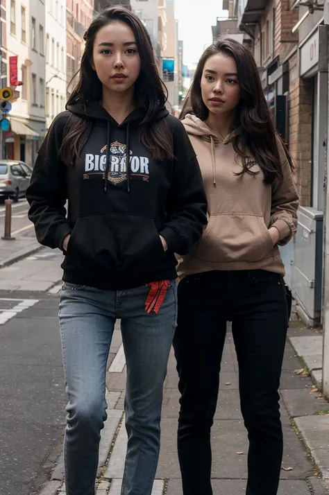 Jessica Henwick, brown hooded sweatshirt, black jeans.