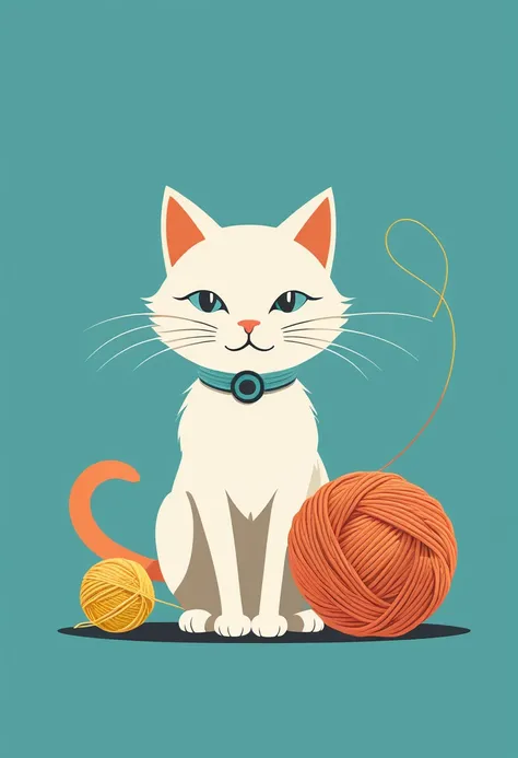 A minimalist, design with a vintage twist, featuring a sleek and stylized cat playfully batting at ball of yarn against a faded, awosome, bright.