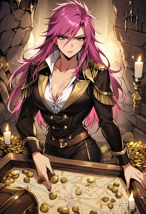 1girl, faris scherwiz, final fantasy, masterpiece, best quality, absurdres, androgynous, crossdressing, bandit leader, cave interior, treasure hoard, gold coins, jewels, planning expression, masculine outfit, pirate captain attire, long pink hair tied back...