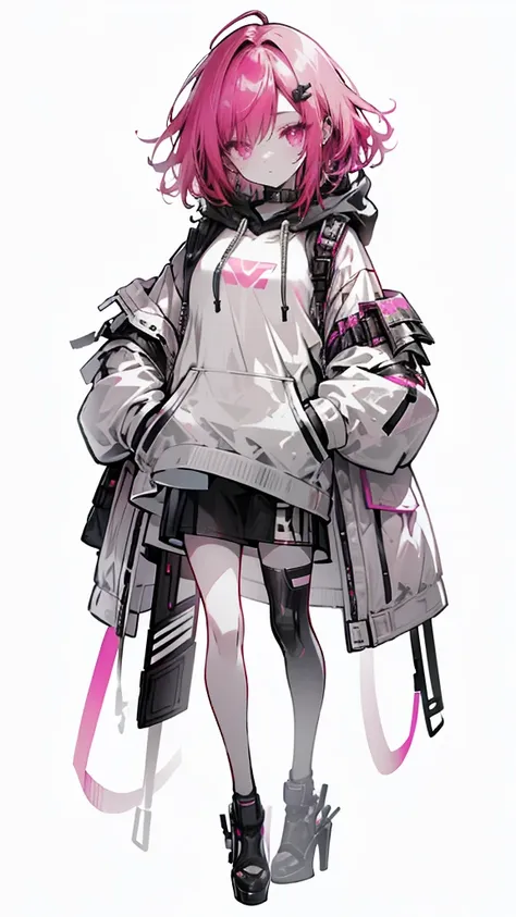 1 girl with red hair, pink eyes, cyberpunk style, hand in pocket, hoodie, pink starry background, black high heels