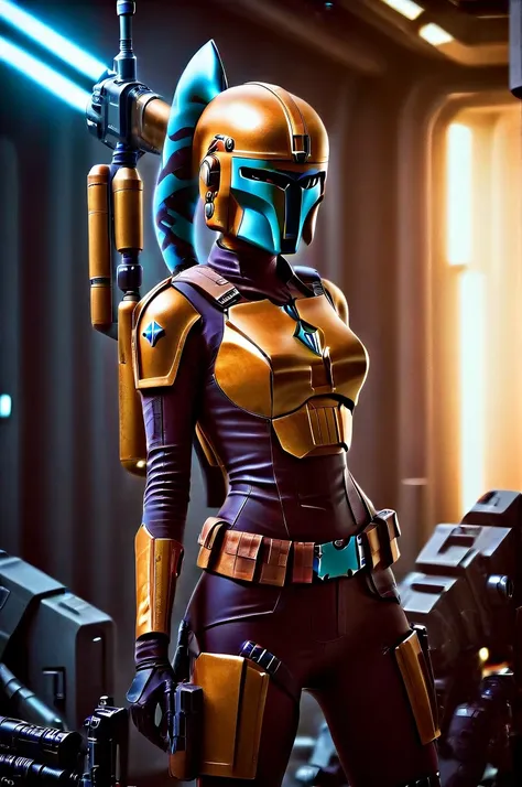 a ((female twi'lek ))mandalorian, detailed futuristic armor, intricate helmet, jetpack, blaster rifle, epic pose, dramatic light...