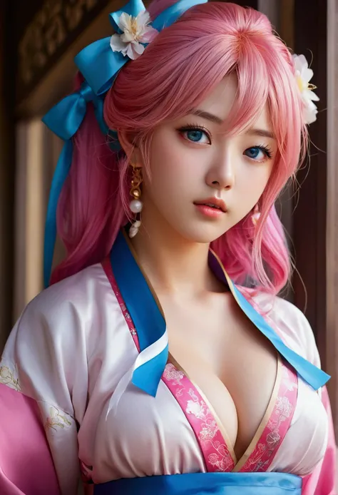 (finely detailed beautiful eyes and detailed face,masterpiece sidelighting,masterpiece,best quality,detailed,high resolution illustration),, (1girl,whole body,bishoujo,lustrous skin,looking down,looking at viewer),, (pink hair,blue eyes,ribbon,hanbok, kore...