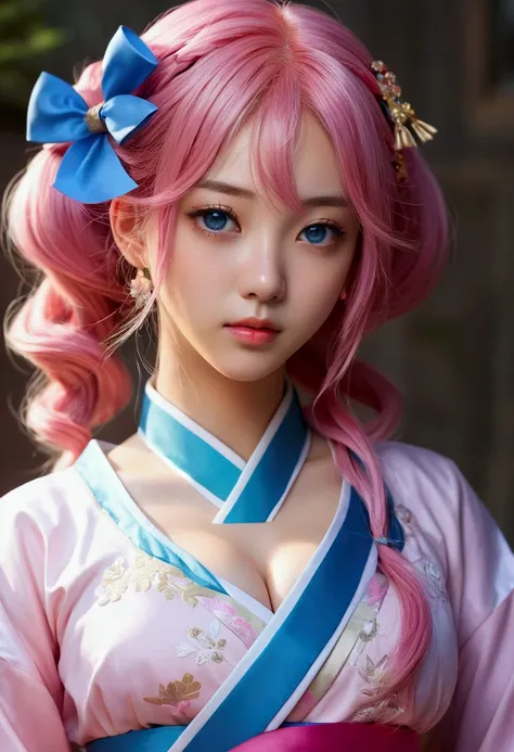 (finely detailed beautiful eyes and detailed face,masterpiece sidelighting,masterpiece,best quality,detailed,high resolution illustration),, (1girl,whole body,bishoujo,lustrous skin,looking down,looking at viewer),, (pink hair,blue eyes,ribbon,hanbok, kore...