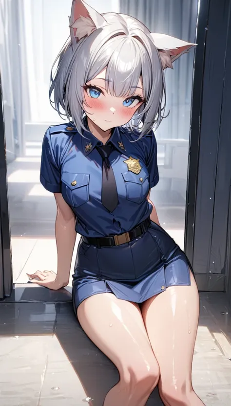 1girl、(((best quality)), ((masterpiece)), (details), masterpiece, best quality, high quality, ulutra detailed, perfect face, ((1girl, Blue eyes, cat ears: 1.3 silver bob hair: 2.5,)) 、Shiny Hair、Glowing Skin、blush、Lustful look、whole body、Police Officer Cos...