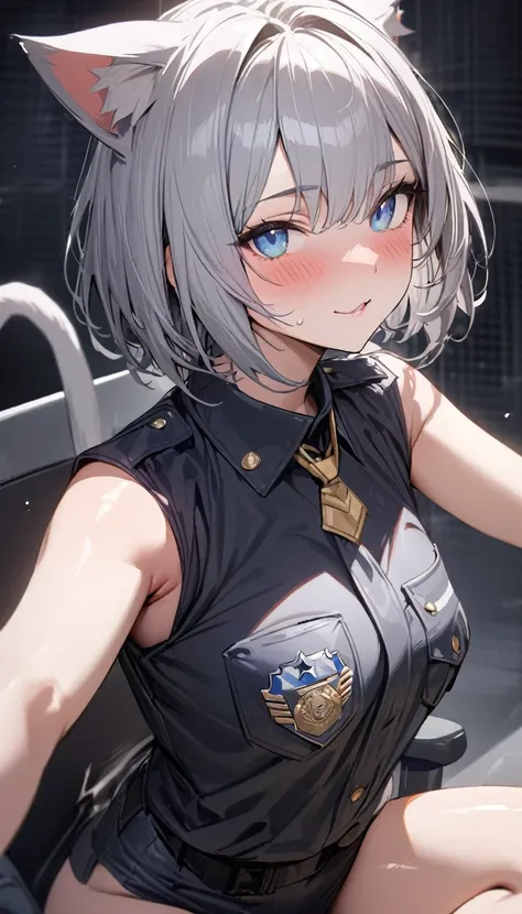 1girl、(((best quality)), ((masterpiece)), (details), masterpiece, best quality, high quality, ulutra detailed, perfect face, ((1girl, Blue eyes, cat ears: 1.3 silver bob hair: 2.5,)) 、Shiny Hair、Glowing Skin、blush、Lustful look、whole body、Police Officer Cos...