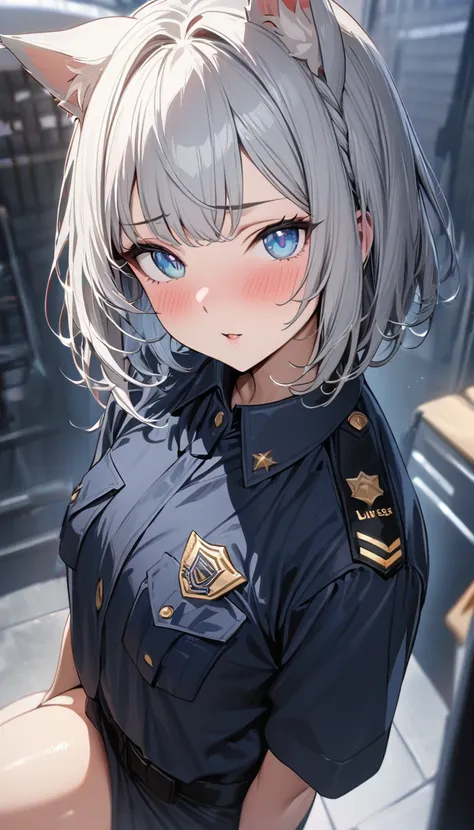 1girl、(((best quality)), ((masterpiece)), (details), masterpiece, best quality, high quality, ulutra detailed, perfect face, ((1girl, Blue eyes, cat ears: 1.3 silver bob hair: 2.5,)) 、Shiny Hair、Glowing Skin、blush、Lustful look、whole body、Police Officer Cos...