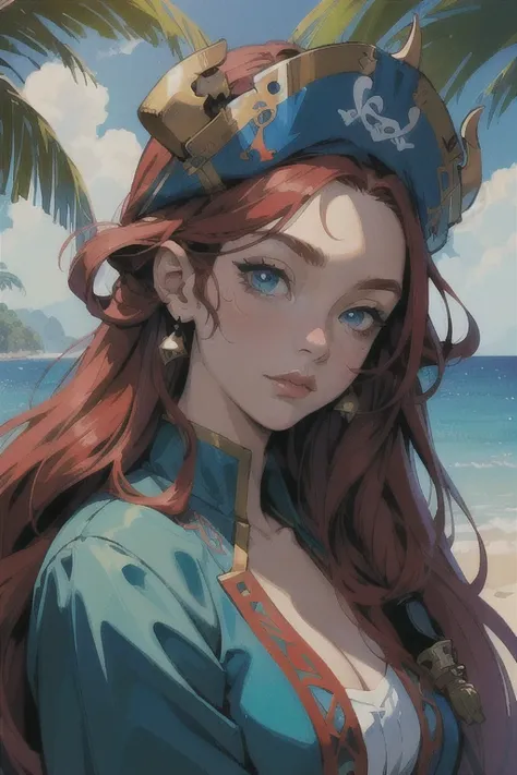 アニメ, (((portrait of ele disse))), a one woman, (((one red hair))), (((blue colored eyes))), (((female pirate)), 8k, unreal engine, octane rendering, by kyun, gamang, Yoon gon Ji, g.till, gosonjak, Shuroop, serious, domi, Noah, trending on pixiv, fan box, s...