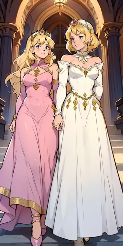 Two blonde princesses, one with short hair and the other with long hair, both wearing crystal and gold tiaras, wearing medieval dresses, royal dresses, pink and white dresses, wearing a 