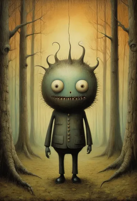 monster in the forest, Benjamin Lacombe, Surrealism in a magical way, surreal painting, Whimsical surrealism, Jacek Yerka and Vladimir Kush, Surreal oil painting, Surrealist works of art, surreal art, Magical realism Strange art, Surreal oil painting, surr...